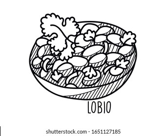 Dibujo vector dibujado a mano de Lobio. Doodle aislado de fondo blanco con título escrito a mano del plato.