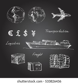 Hand drawn vector illustration of  logistics and transportation on chalkboard background.