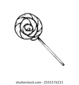 Hand drawn vector illustration of lollipop, candy in black and white detailed line art design. Perfect for Christmas holiday designs, festive decor, greeting cards and seasonal creative projects