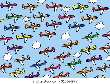 A hand drawn vector illustration of lots of planes flying in a very crowded airspace. A metaphor on the growth of air travel.