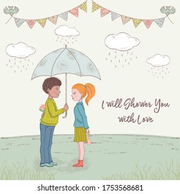 Hand drawn vector illustration with a love story them. African American boy hands holds an umbrella over a girl. Suitable for spousal birthday wishes, valentine day, anniversary celebration.