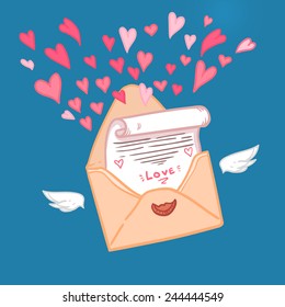 Hand drawn vector illustration. Love letter with hearts
