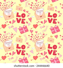Hand drawn vector illustration. Love letter with hearts, gifts and love.Seamless pattern
