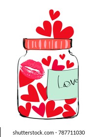 Hand Drawn Vector Illustration, love glass jar with hearts. Valentines Day Element