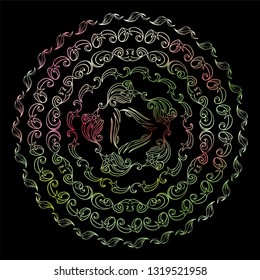 Hand drawn vector illustration. Lovely colored mandala, perfect art for black background or cotton. Space elements, abstract stars, planets, vessels, galaxy and more. Wave signs and symbols
