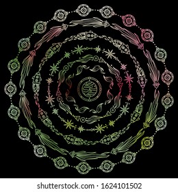 Hand drawn vector illustration. Lovely colored mandala, perfect art for black background or cotton. Space elements, abstract stars, planets, vessels, galaxy and more. Wave signs and symbols