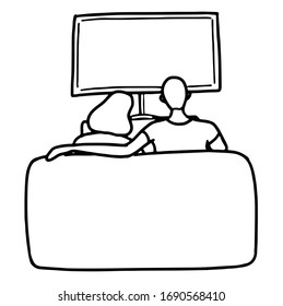 Hand drawn vector illustration. Loving couple are sitting at home and watching TV. Home pastime and relaxation concept. Black outline graphic picture isolated in white. Doodle, flat, simple style.