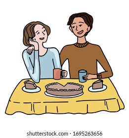 Hand drawn vector illustration. Loving couple sit together, eat and talk at the kitchen table. Home pastime, relaxation concept. Colored cartoon drawing isolated on white. Doodle, flat, simple style.