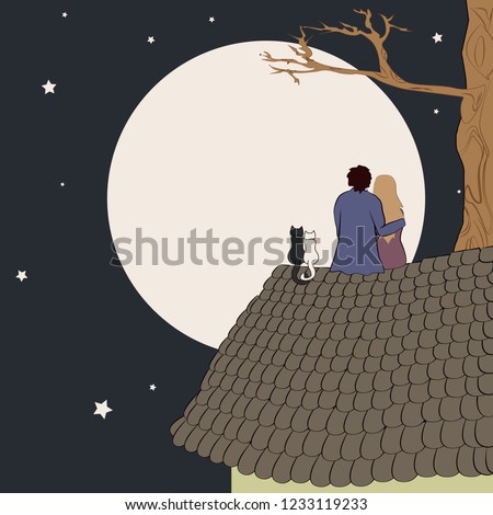 Hand drawn vector illustration of loving couple sitting on roof, looking at moon under stars in night sky with text place.