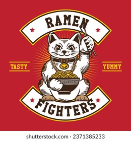 Hand Drawn Vector Illustration Lucky Cat Ramen Fighters Illustration Patch Emblem Style Design
