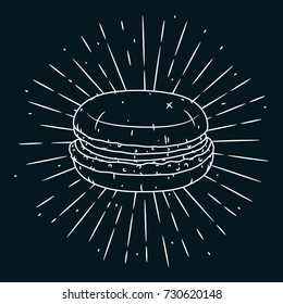 Hand drawn vector illustration with macaron and divergent rays. Used for poster, banner, web, t-shirt print, bag print, badges, flyer, logo design and more. 