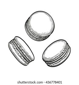 Dibujo manual vectorial de macarons aislados en fondo blanco. Pasteles pasteleros. Estilo retro.