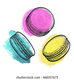 Hand drawn vector illustration of macaroons. Pastry sweets collection.  Watercolor background. 