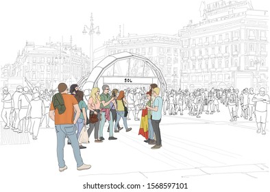 Hand drawn vector illustration. Madrid, Spain, at the subway in famous Plaza Del Sol, people gather.