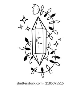 Hand drawn vector illustration of a magic crystal with moon and plants and flowers, ,agical theme, sticker, label, decorative line art.