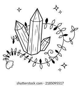 Hand drawn vector illustration of  magic crystals with stars and plants around, magical theme, sticker, label, decorative line art.