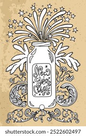 Hand drawn vector illustration with magic potion in decorated bottle, conifer branches and fireworks against textured background. Esoteric, gothic and mystic object or element. Halloween and New Year 