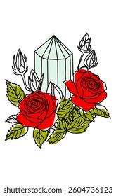 Hand drawn vector illustration of a magic crystal and 
 beautiful roses, esoteric theme, tattoo design.