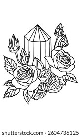 Hand drawn vector illustration of a magic crystal and 
 beautiful roses, esoteric theme, tattoo design.