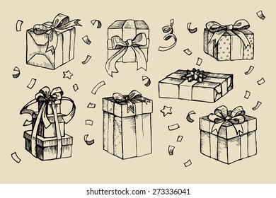 Hand Drawn Vector Illustration - Magic Gift Boxes. Vintage