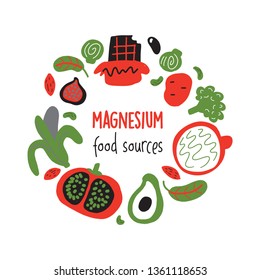 Hand drawn vector illustration of magnesium food sources. Round composition. Healthy nutrition concept