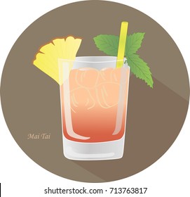 Hand drawn vector illustration of a Mai Tai alcohol rum cocktail with a mint leaf, yellow straw, pineapple spear, in an old fashioned glass, in a brown circle with a shadow.