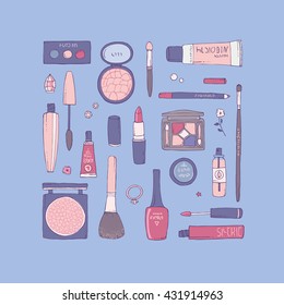 Hand drawn vector illustration of makeup and other cosmetics products. Lipstick, mascara, shadows and make-up brushes. Concept for fashion and beauty themes.