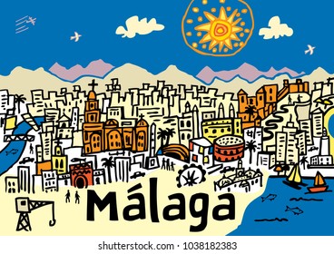 A hand drawn vector illustration of Malaga city in southern spain.