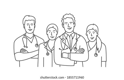 Hand drawn vector illustration of male and female doctors in white medical coats standing with arms folded. 