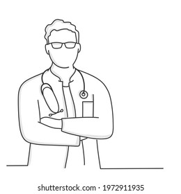 Hand drawn vector illustration of male doctor in glasses with crossed arms.