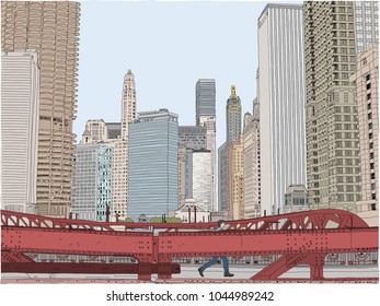 Hand drawn vector illustration. A man crosses a bridge in the city. Concept of being hopeful about a great career.