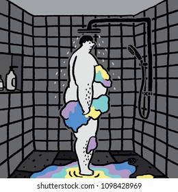 Hand drawn vector illustration of man taking a shower in the bathroom.
Cleaning paint off skin.