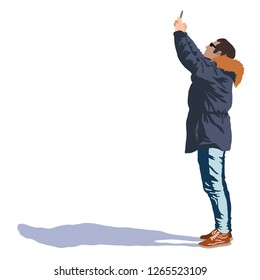 Hand drawn vector illustration man with phone on the street