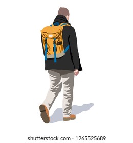 Hand drawn vector illustration man with orange backpack on the white background