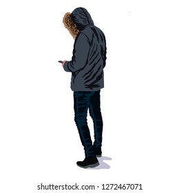 Hand drawn vector illustration man with phone, hood on jacket