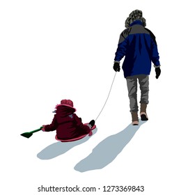 Hand drawn vector illustration man and girl on the baby sleigh