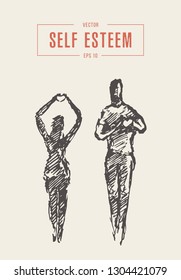 Hand drawn vector illustration of a man and a woman holding fingers in the shape of a heart. Self esteem, love yourself, sketch