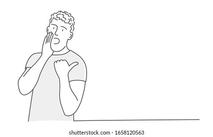 Hand drawn vector illustration of man saying a gossip, pointing to side reporting something.