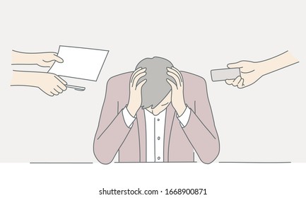 Hand drawn vector illustration of man character holds his head. Tiredness concept.