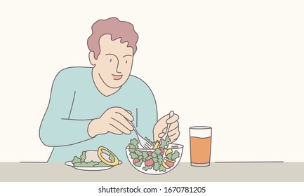 Hand drawn vector illustration of man eating salad. Vegetarian.