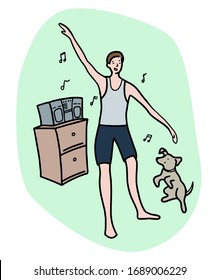 Hand drawn vector illustration. A man at home dancing to the music next to the dog. Home entertainment. Introvert concept. Colored cartoon graphic picture isolated in white. Doodle, flat, simple style