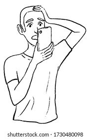 Ilustración vectorial dibujada a mano. El hombre lee noticias por teléfono y experimenta shock, miedo, sorpresa. La gente ve el concepto de las noticias. Imagen en estilo simple, garabatos. Dibujo de contorno negro aislado en blanco.