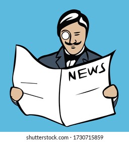 Ilustración vectorial dibujada a mano del hombre con monóculo, bigotes y periódico de lectura de suites