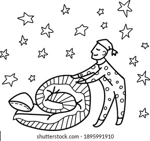 Hand drawn vector illustration of a man rolling up his bed. Funny doodle of a man and mattress isolated on white background.