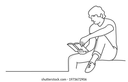 Hand drawn vector illustration of man sitting and reading book.