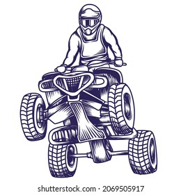 Hand drawn Vector illustration of a man riding Quad bike isolated on white. ATV rider jump freestyle. ATV Extreme sport Championship.