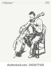 Hand drawn vector illustration of a man is sitting in a chair playing a cello. Isolated sketch.