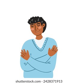 Hand drawn vector illustration of man hugging himself, self love and self care concept