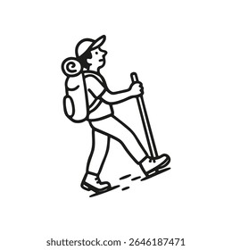 Hand drawn vector illustration of a man hiking. He is wearing a backpack and using a trekking pole. Minimalist doodle line art