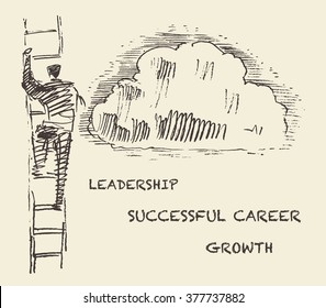 Hand drawn vector illustration of a man, climbing on a stair in the sky. Successful career concept, challenge